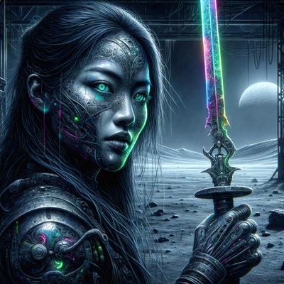 The primary subject of the image is a woman with a futuristic appearance, holding a sword. She is wearing a metallic outfit and has a glowing, otherworldly aura. The setting is a dark, futuristic environment with a backdrop of a moon. The visual style is digital art, and the colors and mood are predominantly dark and mysterious.